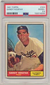 Sandy Koufax 1961 Topps Card, # 344, PSA Good+ 2.5. Los Angeles Dodgers