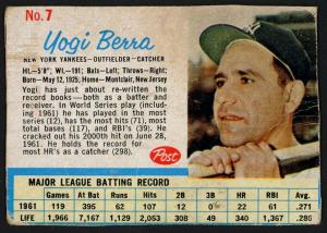 1962 Post Cereal Yogi Berra #7 Yankees Card