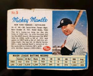 1962 Post Cereal Mickey Mantle Yankees Card