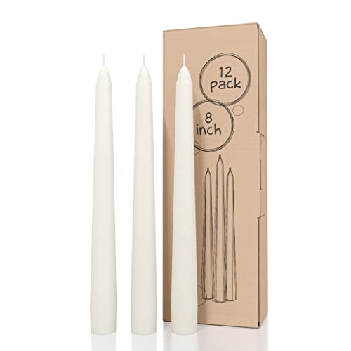 CANDWAX 8 inch Taper Candles Set of 12 - Dripless Taper Candles and Unscented Candlesticks - Perfect as Christmas Candles and Household Candles - Ivory Candles