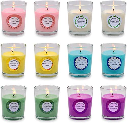 Arosky 12 Pack Scented Votive Candles Set Small Soy Wax Candles Bulk with 6 Fragrances - Rose, Lemon, Lavender, Vanilla, Jasmine and Spring