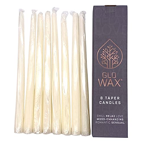 Glo Wax Taper Candles Beautiful Pack Decorative Mood-Enhancing Romantic Relax Unscented Dinner Candles 8 Hour Burn Time, 2.2 x 30cm (8 Pack, Ivory)