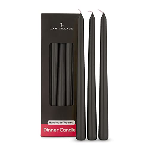 Taper Candles Long Burning - Long Candles Pack of 10 Tall Dinner Candles 7 Hour Burn Time, Classic Household Unscented, Dripless Candles, Zan Village Candle Company - Black