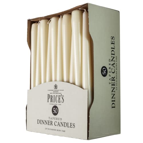 Price's Candles - Tapered Dinner Candles - Pack of 50 - Ivory - Dripless - Unscented - 7 Hour Burn Time