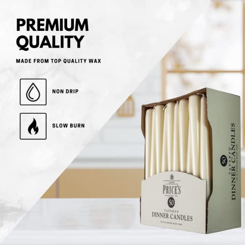 Price's Candles - Tapered Dinner Candles - Pack of 50 - Ivory - Dripless - Unscented - 7 Hour Burn Time