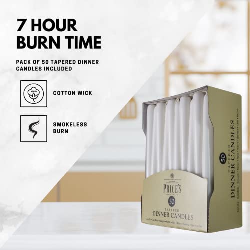Price's Candles - Tapered Dinner Candles - Pack of 50 - Ivory - Dripless - Unscented - 7 Hour Burn Time