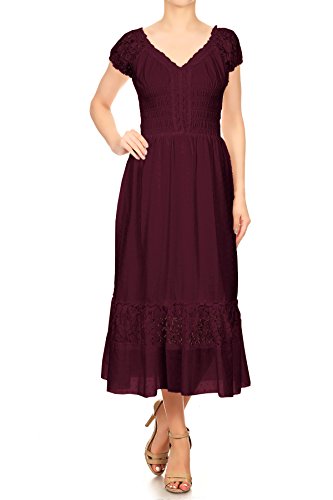 Anna-Kaci Boho Inspired Cap Sleeve Lace Trim Maxi Dress 