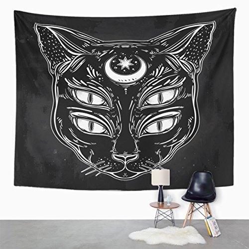Black Cat Head Moon and Four Eyes Emvency Tapestry