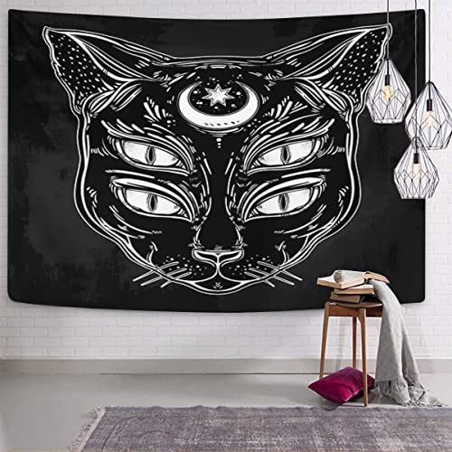 Black Cat Head Moon and Four Eyes Emvency Tapestry