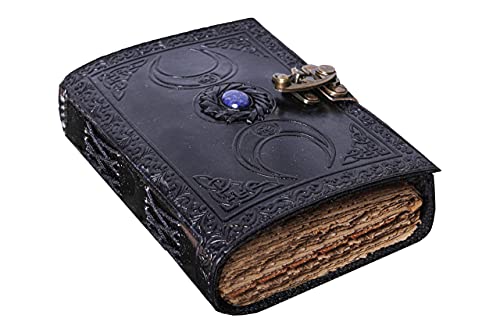 Black Triple Moon Leather Journal with Witch Stone