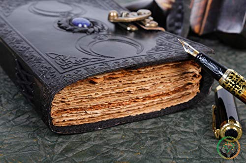 Black Triple Moon Leather Journal with Witch Stone
