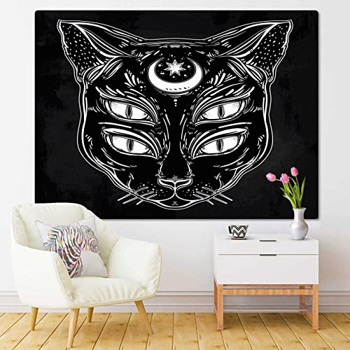 Black Cat Head Moon and Four Eyes Emvency Tapestry