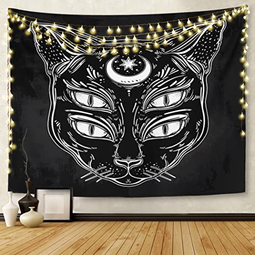 Black Cat Head Moon and Four Eyes Emvency Tapestry