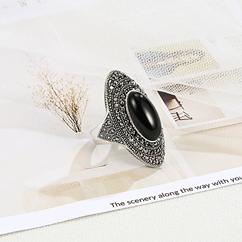 Mytys Retro Black Marcasite Crystal Rings Vintage Silver Plated