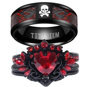 Matching Skull Rings with Red CZ – Couple's Set