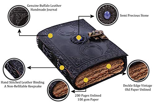 Black Triple Moon Leather Journal with Witch Stone