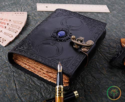 Black Triple Moon Leather Journal with Witch Stone