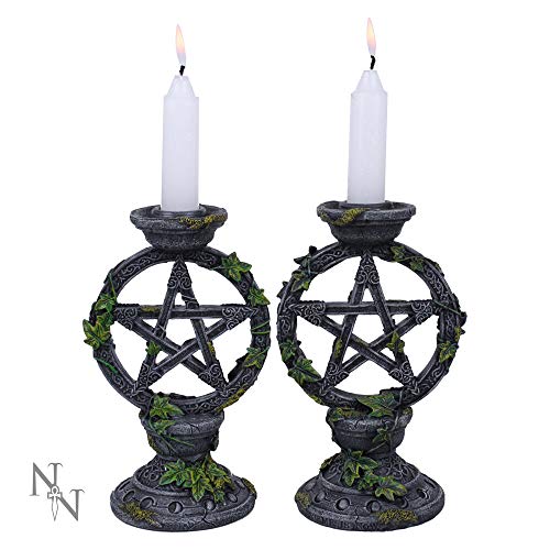 Black Resin Wiccan Pentagram Candle Holders Set - 15cm