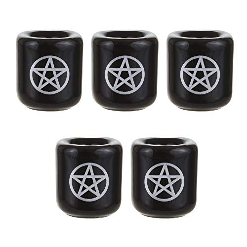 Ceramic Silver Pentacle Spell Candle Holders - Black