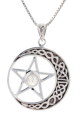 Sterling Silver Celtic Moon and Star Pentacle Pendant with Moonstone