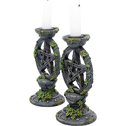Black Resin Wiccan Pentagram Candle Holders Set - 15cm