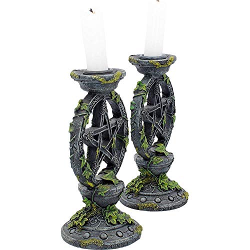 Black Resin Wiccan Pentagram Candle Holders Set - 15cm