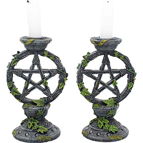 Black Resin Wiccan Pentagram Candle Holders Set - 15cm