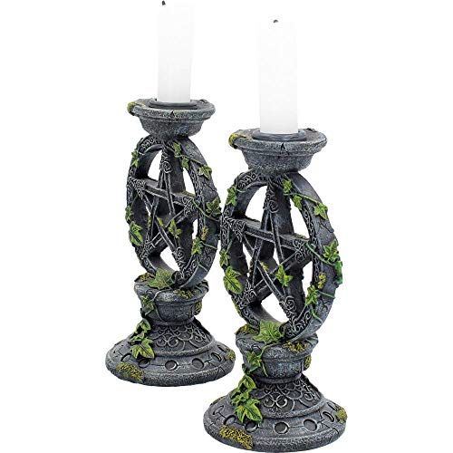 Black Resin Wiccan Pentagram Candle Holders Set - 15cm