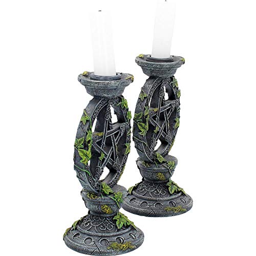 Black Resin Wiccan Pentagram Candle Holders Set - 15cm