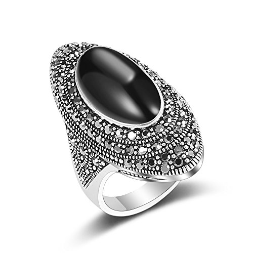 Mytys Retro Black Marcasite Crystal Rings Vintage Silver Plated