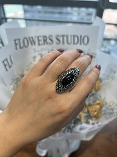 Mytys Retro Black Marcasite Crystal Rings Vintage Silver Plated