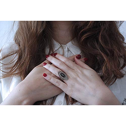 Mytys Retro Black Marcasite Crystal Rings Vintage Silver Plated