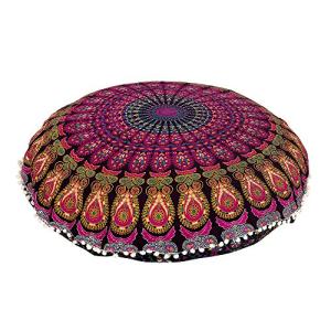 Shubhlaxmifashion 32" Purple Mandala Floor Pillow Cushion Seating Throw Cover Hippie Decorative Bohemian Ottoman Poufs, Pom Pom Pillow Cases,Boho Indian