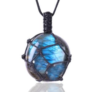 UFEEL 1pc Natural Labradorite Healing Crystal Stone Dragon's Heart Necklace Hand Woven Black Braid Moonstone Pendant Energy Balancing Necklace Gift in Festivals