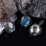 UFEEL 1pc Natural Labradorite Healing Crystal Stone Dragon's Heart Necklace Hand Woven Black Braid Moonstone Pendant Energy Balancing Necklace Gift in Festivals
