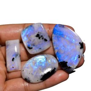DAMRU™ 2 Pcs -Natural Rainbow Moonstone with Black Tourmaline Gemstone Cabochons Lot, Polished Decor, Wire Wrapping, Jewelry Making Loose Gemstone, Multi Shape Stone Size 18-30 MM