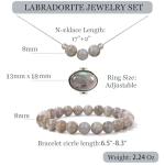 3PS Labradorite Jewelry for Women, Labradorite Necklace - Ring - Bracelet Set, 8MM Healing Crystals Beaded Bracelets Handmade Necklaces Adjustable Rings, Inspirational Gifts for Women