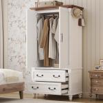LIKIMIO Farmhouse Armoire Wardrobe Closet with 2 Doors and 2 Drawers, 70" H x 36" W, Large Bedroom Armoire with Roman Column and 3 Hanging Hooks, Wooden Freestanding Closet Cabinet, White