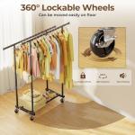 HYSEYY Double Rods Clothes Rack, Rolling Clothing Rack for Hanging Clothes Portable Wardrobe Rack, Metal Garment Rack Sturdy Coat Rack for Bedroom Laundry Living Room, Black