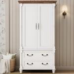 LIKIMIO Farmhouse Armoire Wardrobe Closet with 2 Doors and 2 Drawers, 70" H x 36" W, Large Bedroom Armoire with Roman Column and 3 Hanging Hooks, Wooden Freestanding Closet Cabinet, White