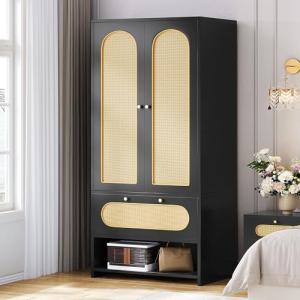 DWVO Rattan Armoire Wardrobe Closet - 70" Tall Rattan Closet with Doors, Large Storage Cabinet with Drawers & Hanging Rod - Black