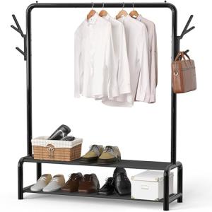Simple Houseware 52-Inch Garment Rack with Storage Shelves and Coat/Hat Hooks, Freestanding Clothing Organizer, Black
