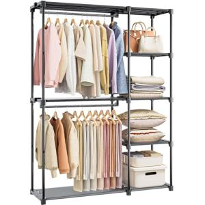Neatrays Portable Closet, Freestanding Wardrobe Closet Organizers and Storage,Open Clothing Racks for Hanging Clothes with 4 Shelves and 2 Hanging Rods，47.8x15.8x63.4 Inches