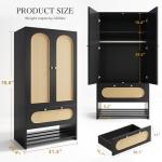 DWVO Rattan Armoire Wardrobe Closet - 70" Tall Rattan Closet with Doors, Large Storage Cabinet with Drawers & Hanging Rod - Black