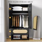 DWVO Rattan Armoire Wardrobe Closet - 70" Tall Rattan Closet with Doors, Large Storage Cabinet with Drawers & Hanging Rod - Black