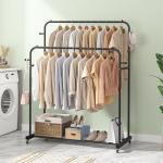 Laiensia Double Rods Garment Rack with Wheels, Clothing Rack for Hanging Clothes,4 Hooks, Multi-functional Bedroom Clothes Rack, Black