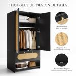 DWVO Rattan Armoire Wardrobe Closet - 70" Tall Rattan Closet with Doors, Large Storage Cabinet with Drawers & Hanging Rod - Black