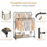 Laiensia Double Rods Garment Rack with Wheels, Clothing Rack for Hanging Clothes,4 Hooks, Multi-functional Bedroom Clothes Rack, Black