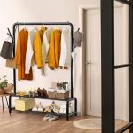 Simple Houseware 52-Inch Garment Rack with Storage Shelves and Coat/Hat Hooks, Freestanding Clothing Organizer, Black