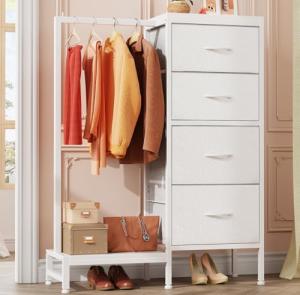 HIGDBFE Dresser with Hanging Rack, 4 Drawers Small Closet for Bedroom, Reversible Fabric Kids Chest of Drawers with Clothes Rack, Tall Storage Tower, Sturdy Frame, White, 44''H